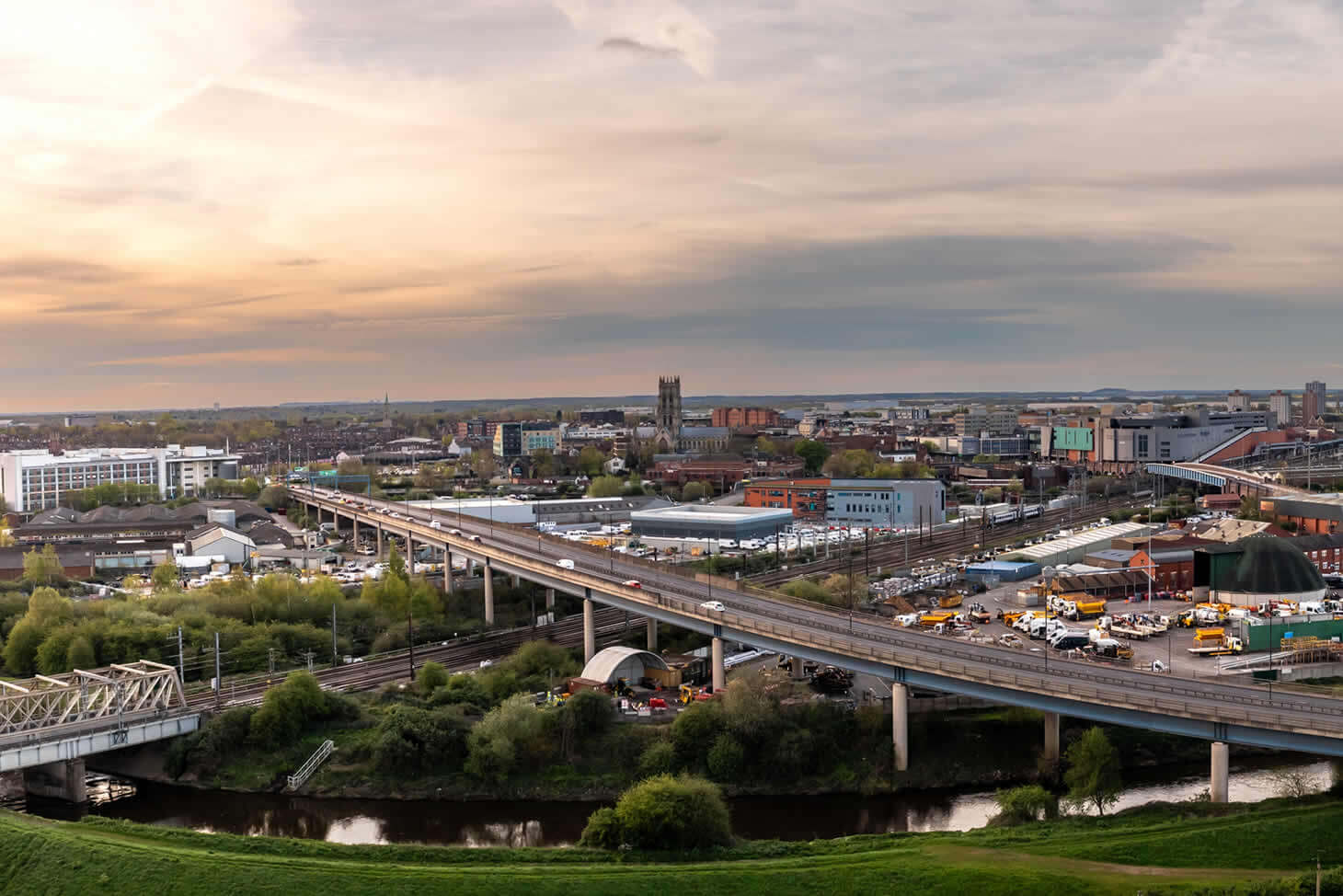 View across Doncaster showing the town centre, railway lines and road network
