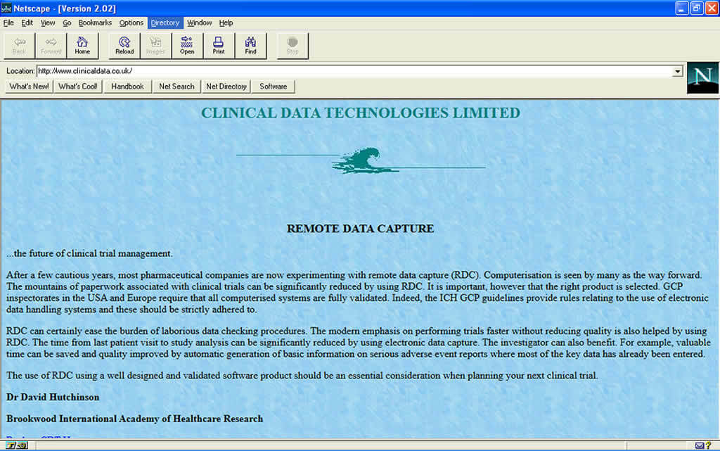 Screenshot of an early 1997 website design for Clinical Data Technologies displayed in Netscape Navigator 2.02