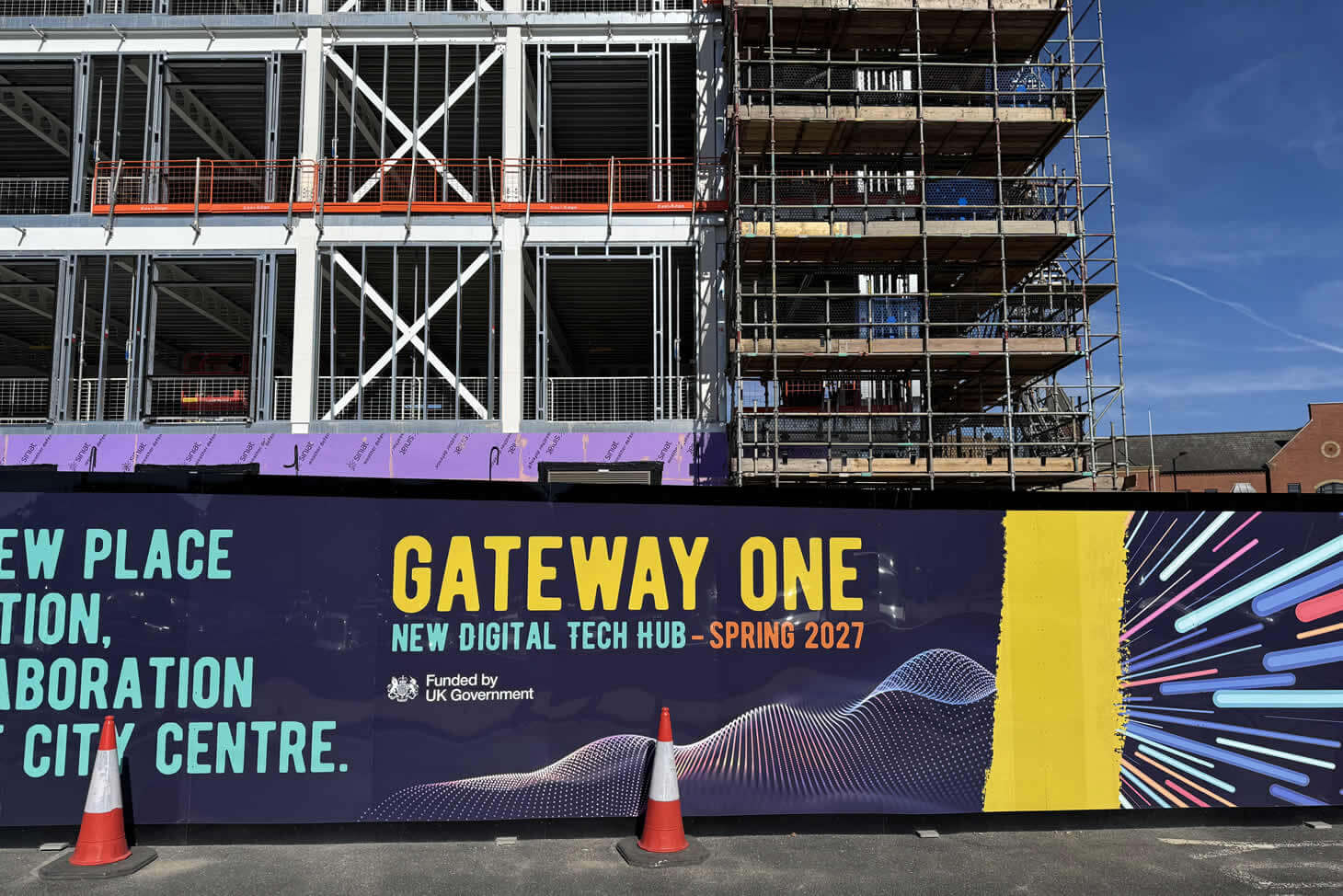 Facade and hoarding outside the Gateway One construction site in Doncaster town centre, March 2026