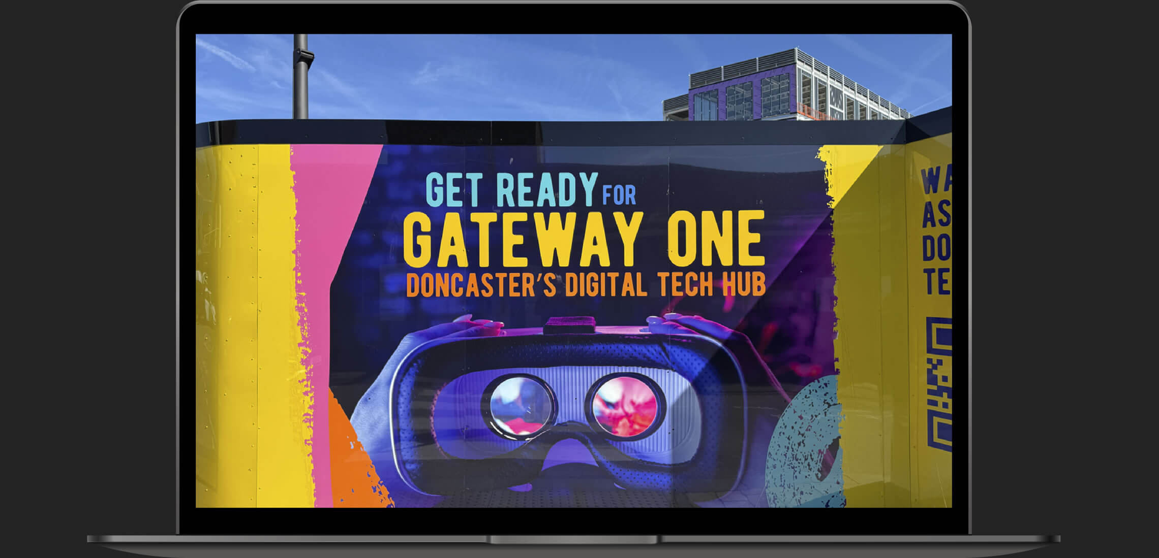 Gateway One branding and signage on site hoarding, promoting Doncaster’s new digital and technology hub.