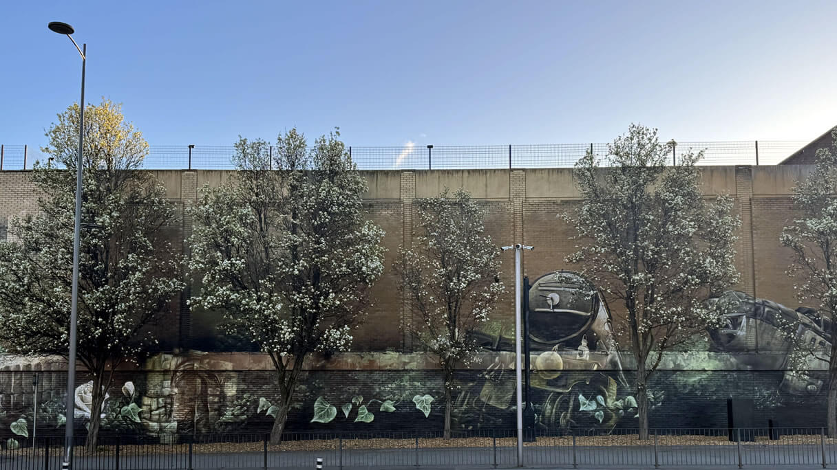 Futures Past and Present” mural by Nomad Clan, photographed March 2026 opposite the Gateway One development in Doncaster town centre.