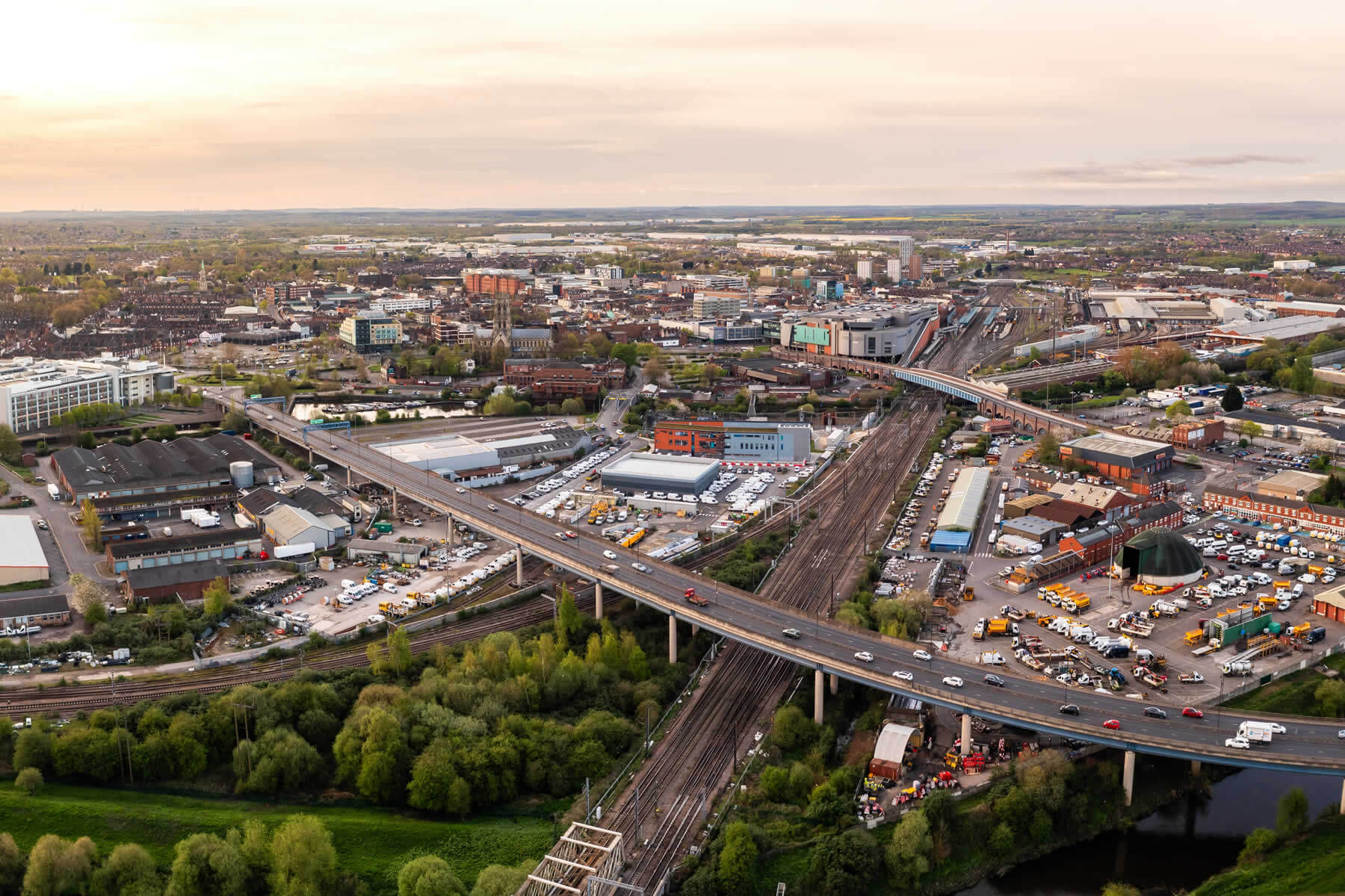 Aerial view of Doncaster town centre showing St George’s bridge, railway lines and surrounding business districts