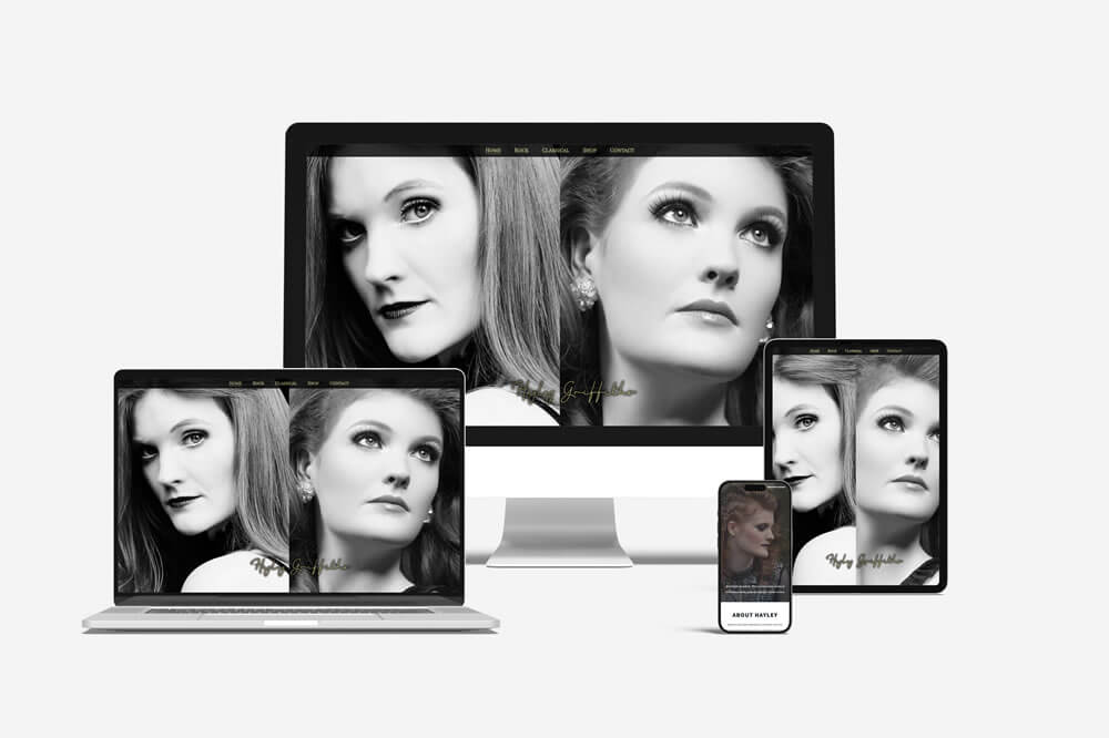 Hayley Griffiths website mock-ups showing the split-screen classical and rock singer design