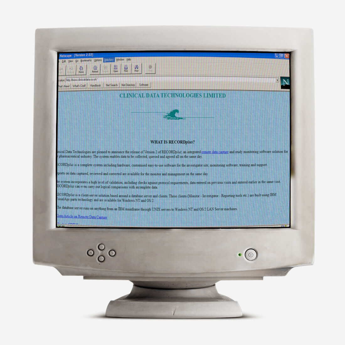 Clinical Data Technologies website shown in a Netscape Navigator mockup from 1997