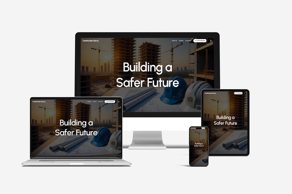 Responsive website mock-up for Construction Savvy shown across desktop, laptop, tablet and mobile