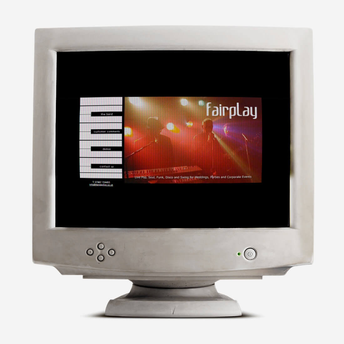 Late-1990s Fairplay Live wedding band website design shown in an old desktop mock-up