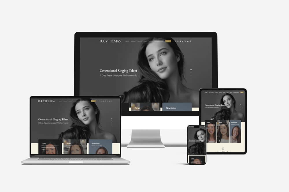 Responsive website mock-up for Lucy Thomas Music shown across desktop, laptop, tablet and mobile