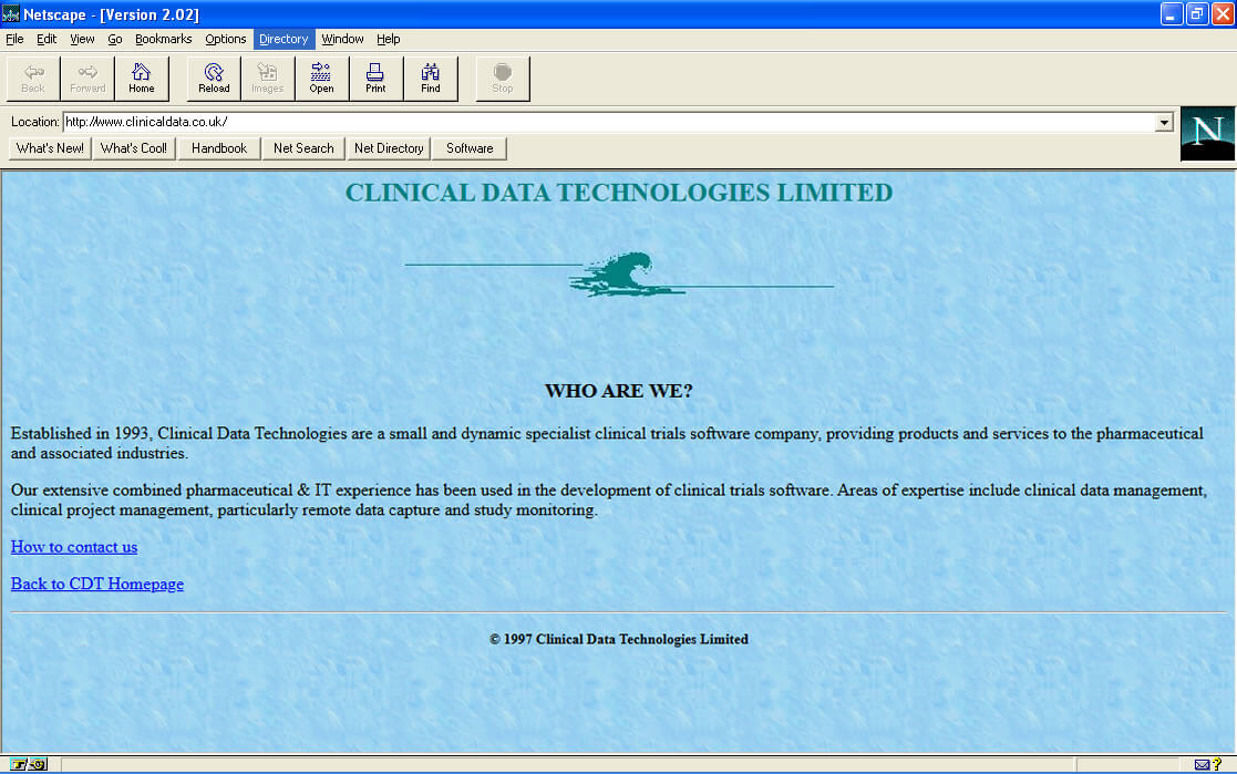 Close-up of blue hyperlinks and early web styling on the 1997 website