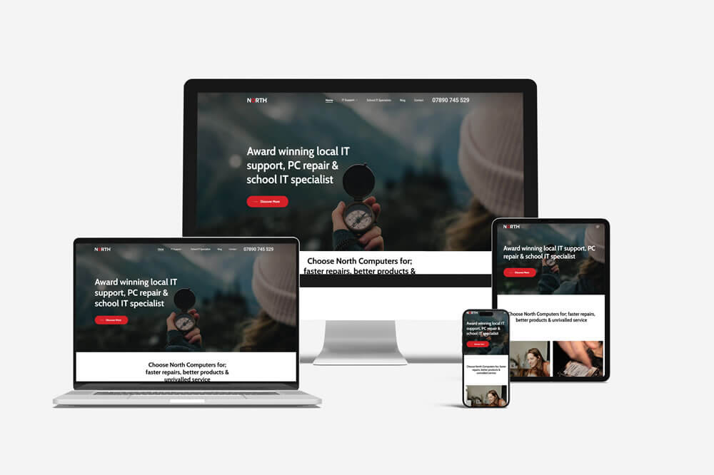 Responsive website mock-up for North Computers shown across desktop, laptop, tablet and mobile