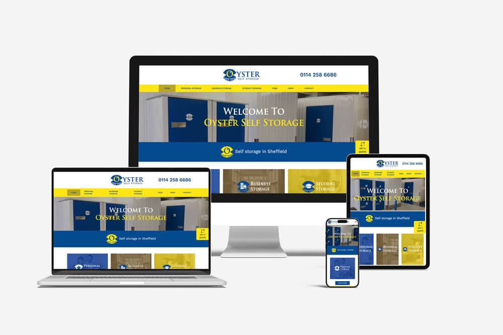 Responsive website mock-up for Oyster Self Storage shown across desktop, laptop, tablet and mobile