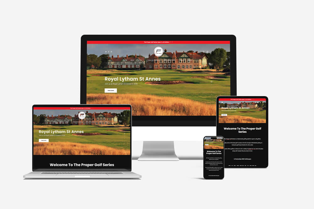 Responsive website mock-up for Proper Golfer shown across desktop, laptop, tablet and mobile
