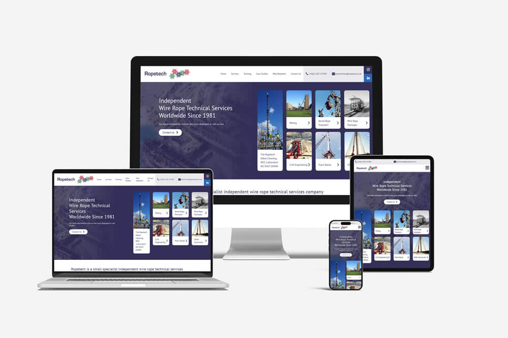 Responsive website mock-up for Ropetech shown across desktop, laptop, tablet and mobile
