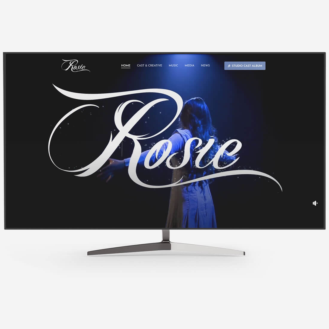 Rosie The Musical WordPress website homepage shown in a desktop monitor mock-up