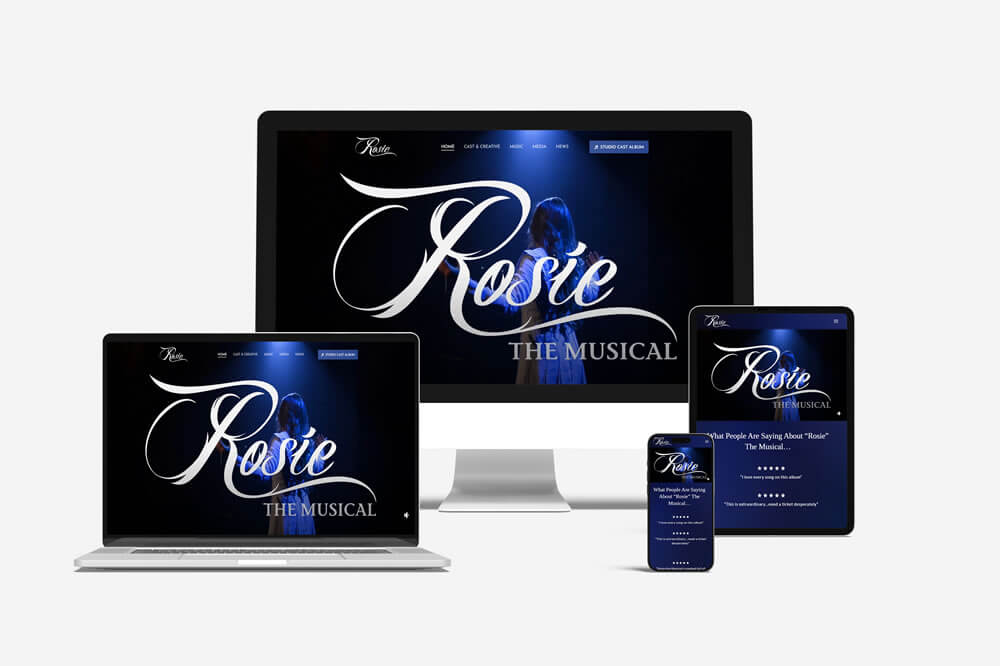 Responsive website mock-up for Rosie The Musical across desktop, laptop, tablet and mobile
