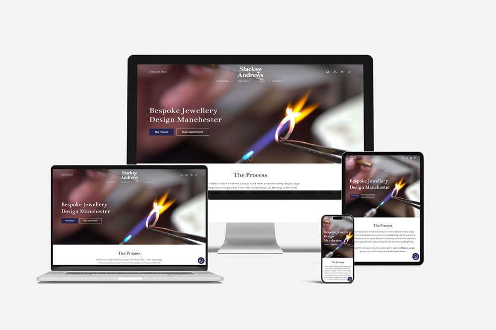 Responsive website mock-up for Slack & Andrews shown across desktop, laptop, tablet and mobile