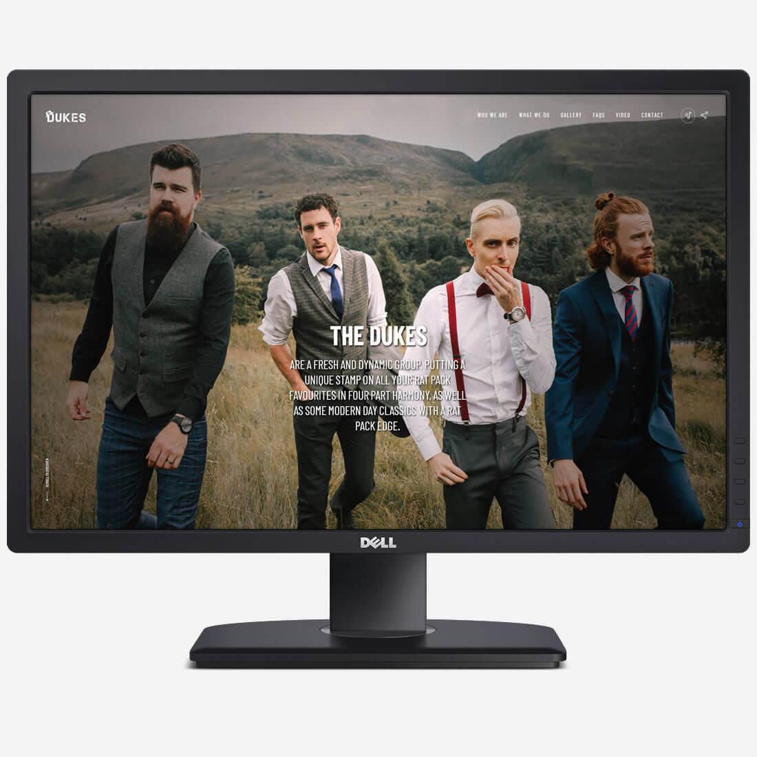 The Dukes male vocal group one-page website design shown in a desktop mock-up