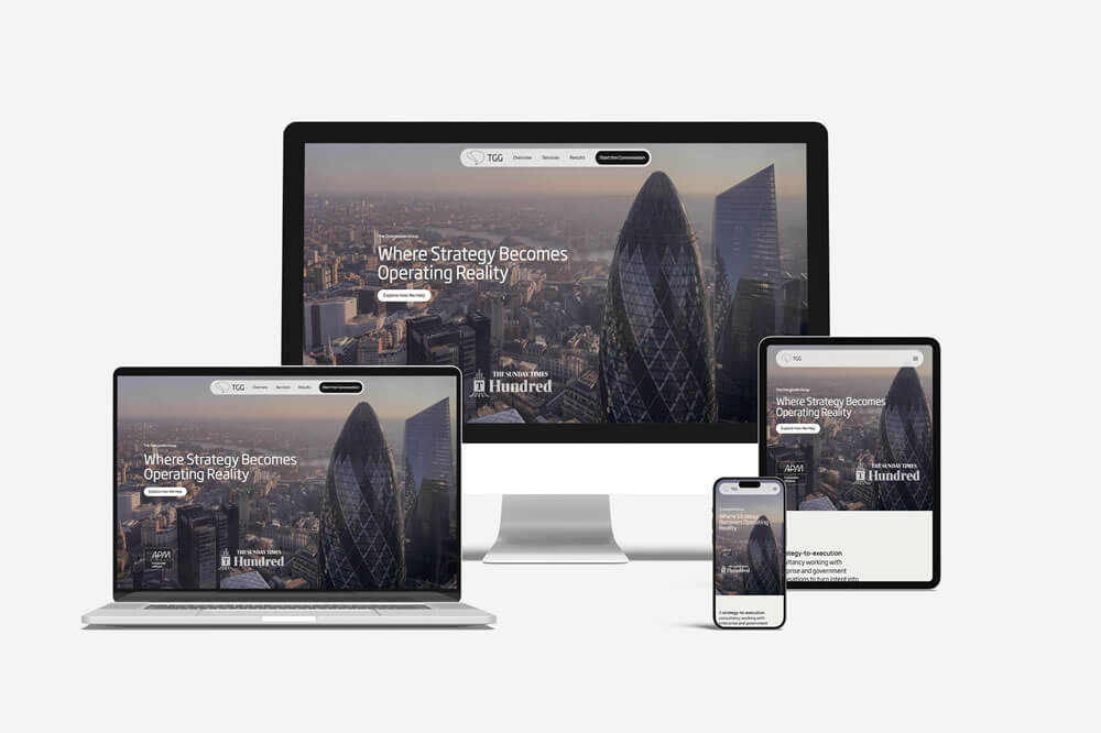 Responsive website mock-up for The Grangeside Group shown across desktop, laptop, tablet and mobile