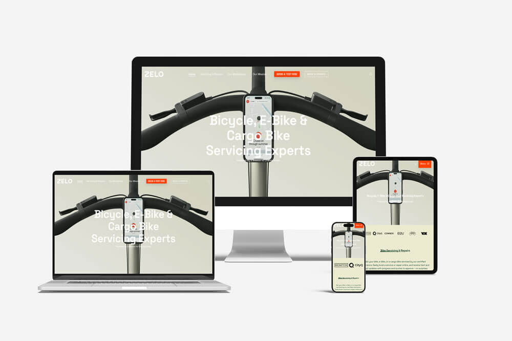 Responsive website mock-up for Zelo Bike shown across desktop, laptop, tablet and mobile